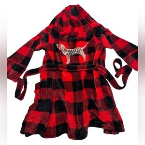 Victoria's Secret Pink Bling Sequin Dog Plush Fleece Plaid Hooded Robe XS/S